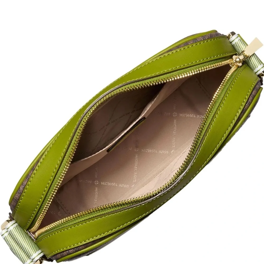 Michael Kors Brown MK Logo Crossbody with Olive Green Front Pocket